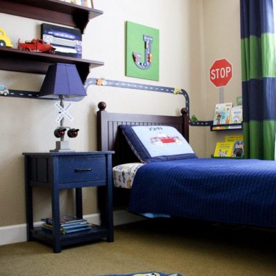 Cars and trains boys room with a magnetic road