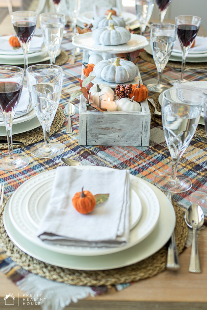 Gray Orange and Plaid Fall Tablescape